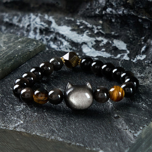 Buddhist Blessing Natural Silver Sheen Obsidian Beads Cute Cat Soothing Bracelet