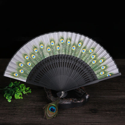 Buddhist Blessing Peacock Feather Handheld Bamboo Folding Fan 21.5cm