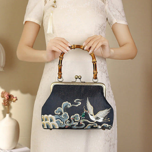 Buddhist Blessing Auspicious Clouds Cranes Embroidery Bamboo Handle Handbag Crossbody Bag