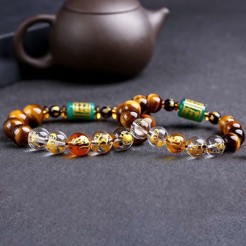 Buddhist Blessing Chinese Zodiac Tiger Eye White Crystal Courage Bracelet