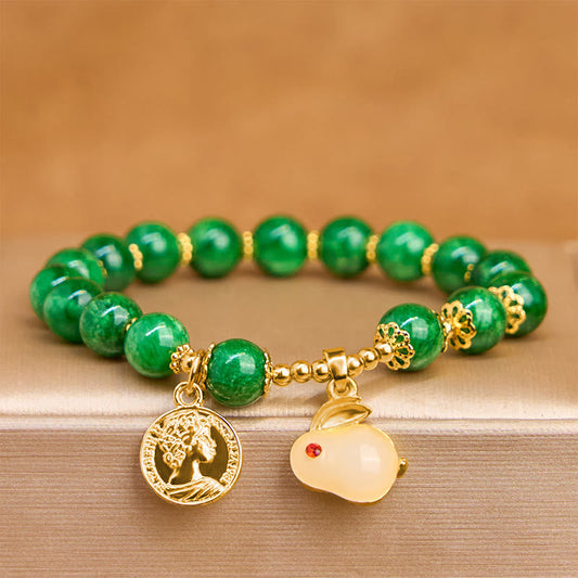 Buddhist Blessing Green Calcite Lovely Rabbit Charm Clarity Bracelet