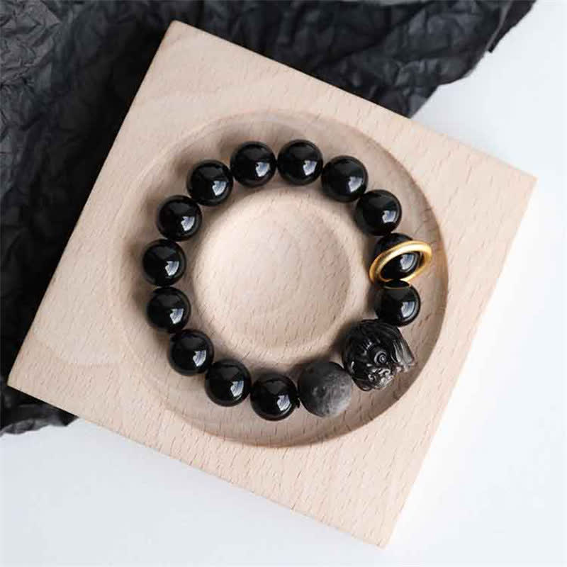 Buddhist Blessing Black Obsidian Silver Sheen Obsidian Lion Strength Bracelet