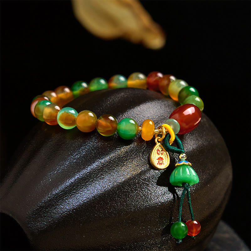 Buddhist Blessing Natural Colorful Peacock Agate Chalcedony Ruyi As One Wishes Charm Courage Bracelet