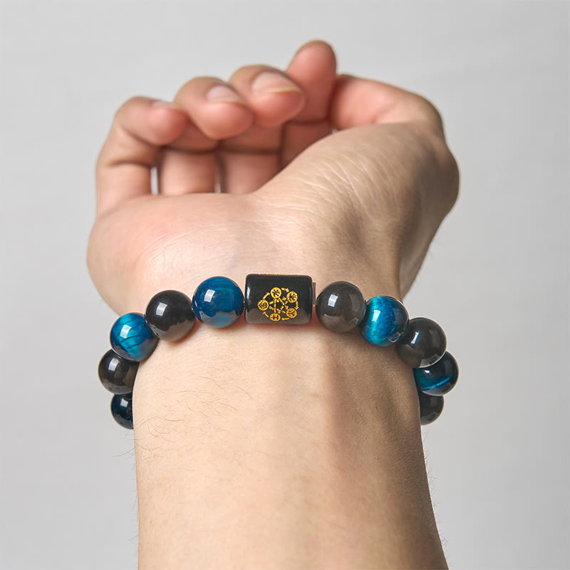 Buddhist Blessing Silver Sheen Obsidian Blue Tiger Eye Black Onyx Five Elements Protection Bracelet