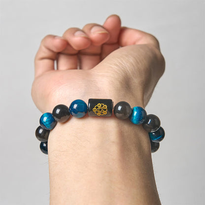 Buddhist Blessing Silver Sheen Obsidian Blue Tiger Eye Black Onyx Five Elements Protection Bracelet