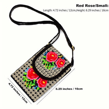 Buddhist Blessing Inula Flower Rose Embroidery Canvas Backpack Crossbody Bag