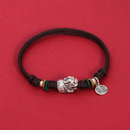 Buddhist Blessing 925 Sterling Silver PiXiu Fu Character Wealth Luck Handmade Braided Bracelet