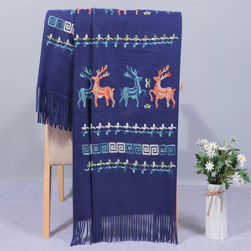 Buddhist Blessing Rayon Fabric Shawl Sika Deer Embroidery Tassel Winter Cozy Travel Scarf Wrap