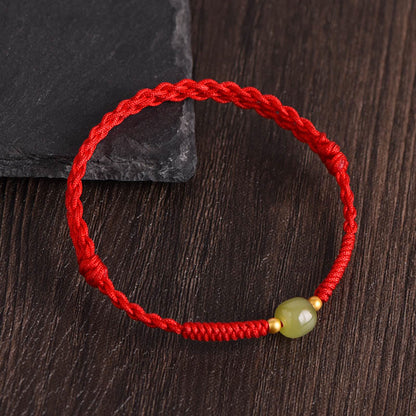 Buddhist Blessing Natural Hetian Jade 999 Gold Beads Protection Luck Braided Bracelet Anklet