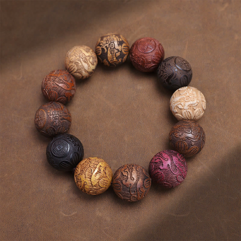 Buddhist Blessing Carving Sandalwood Chinese Zodiac Auspicious Dragon Phoenix Fu Character Healing Bracelet