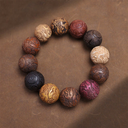 Buddhist Blessing Carving Sandalwood Chinese Zodiac Auspicious Dragon Phoenix Fu Character Healing Bracelet