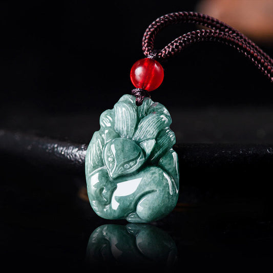 Buddhist Blessing Natural Green Jade Nine Tailed Fox Engraved Prosperity Necklace Pendant