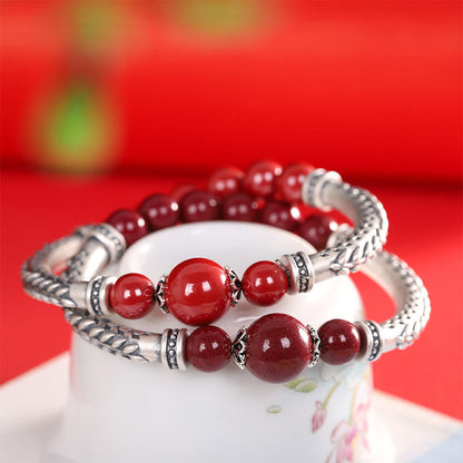 Buddhist Blessing 999 Sterling Silver Cinnabar Wheat Ears Blessing Bracelet Bangle