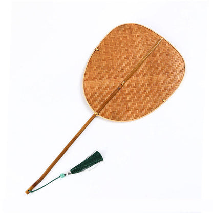 Buddhist Blessing Chinese Style Handmade Bamboo Woven Oval Round Banana Conical Shape Long Handle Fan
