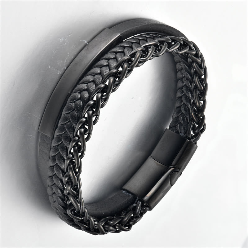 Buddhist Blessing Woven Pattern Titanium Steel Stimulation Multi-layer Leather Buckle Bracelet