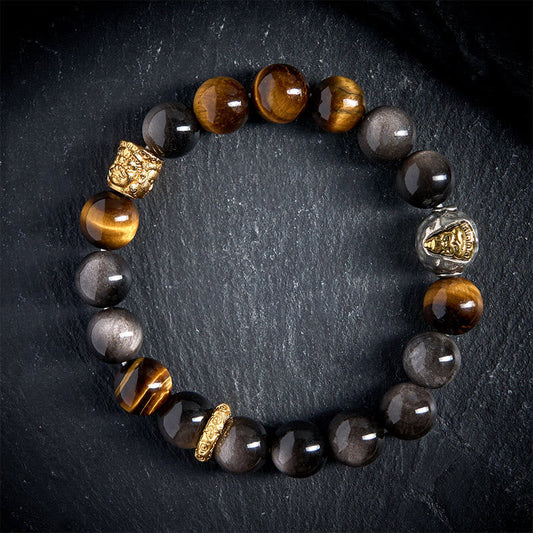 Buddhist Blessing Natural Silver Sheen Obsidian Tiger Eye Three-Faced Buddha Protection Bracelet