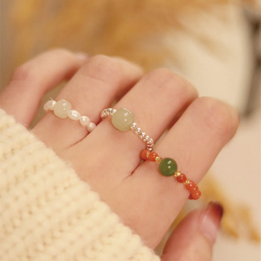 Buddhist Blessing 925 Sterling Silver Natural Small Hetian Jade Red Agate Pearl Bead Prosperity Elastic Ring