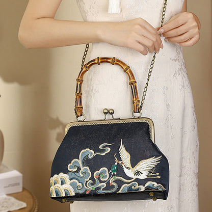 Buddhist Blessing Auspicious Clouds Cranes Embroidery Bamboo Handle Handbag Crossbody Bag