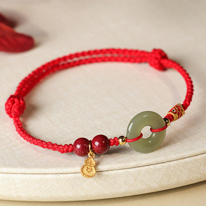 Buddhist Blessing Red String Black String Hetian Jade Peace Buckle Cinnabar 925 Silver Protection Bracelet