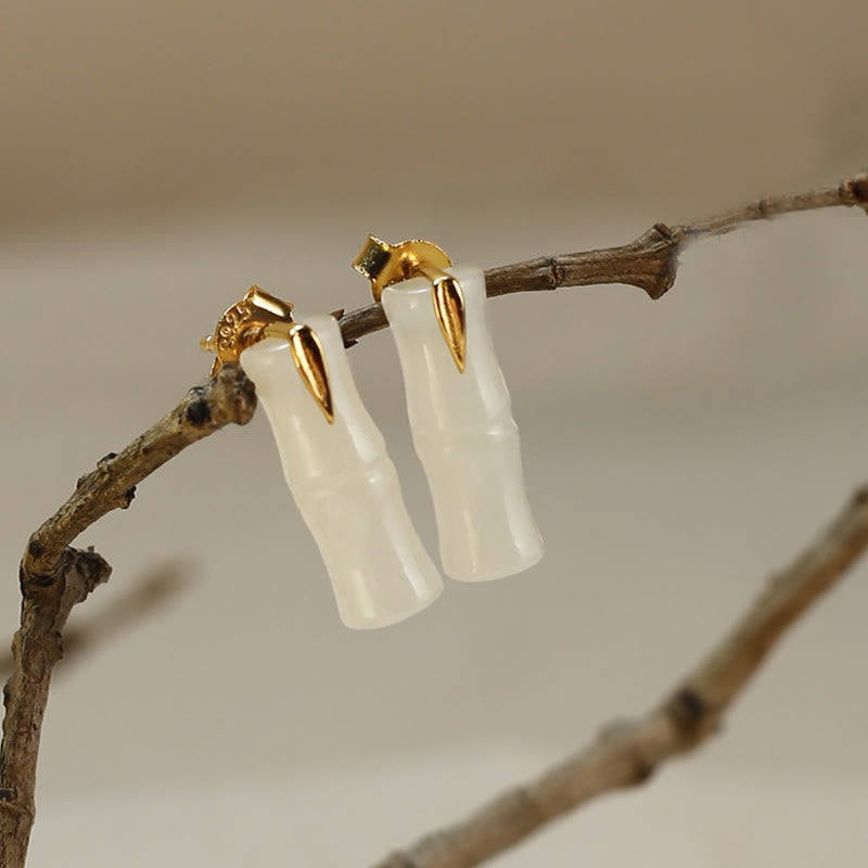 Buddhist Blessing Bamboo Hetian Jade 925 Sterling Silver Leaf Wealth Earrings
