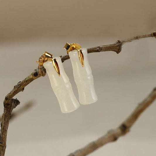 Buddhist Blessing Bamboo Hetian Jade 925 Sterling Silver Leaf Wealth Earrings