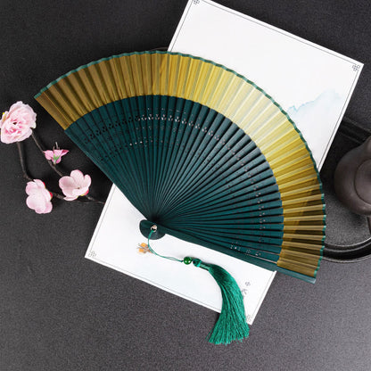 Buddhist Blessing Cranes Auspicious Clouds Solid Color Gradient Handheld Cotton Linen Fabric Bamboo Folding Fan