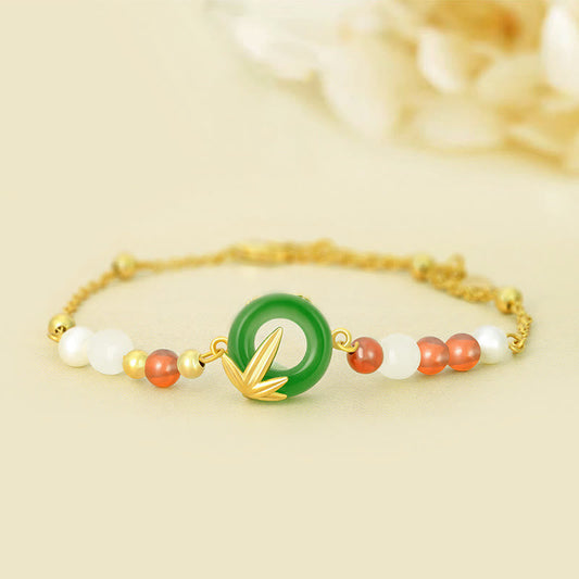 Buddhist Blessing 925 Sterling Silver Green Chalcedony Peace Buckle Bamboo Calm Bracelet