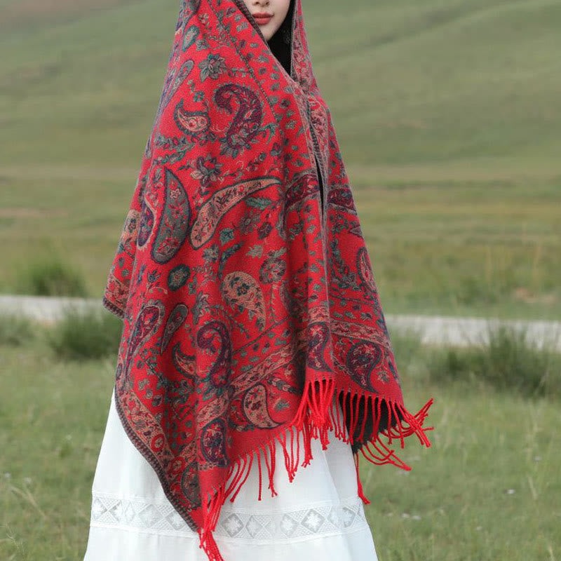 Buddhist Blessing Tibetan Cashew Flowers Leaves Vine Tassels Shawl Fall Winter Soft Cozy Scarf Wrap