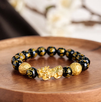 Buddhist Blessing FengShui PiXiu Obsidian Wealth Bracelet