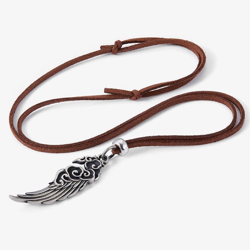 Buddhist Blessing 925 Sterling Silver Auspicious Clouds Wing Cotton Rope Deerskin Rope Necklace Pendant