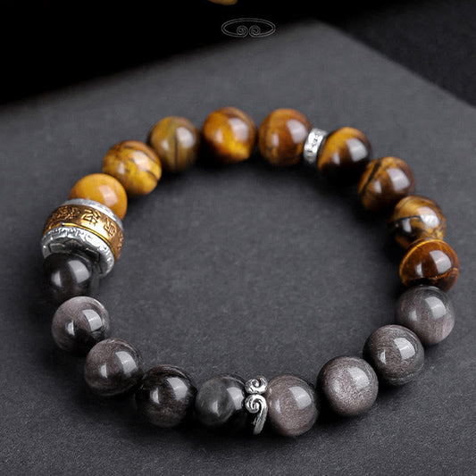 Buddhist Blessing Natural Silver Sheen Obsidian Tiger's Eye Six True Words 'Om Mani Padme Hum' Strength Bracelet