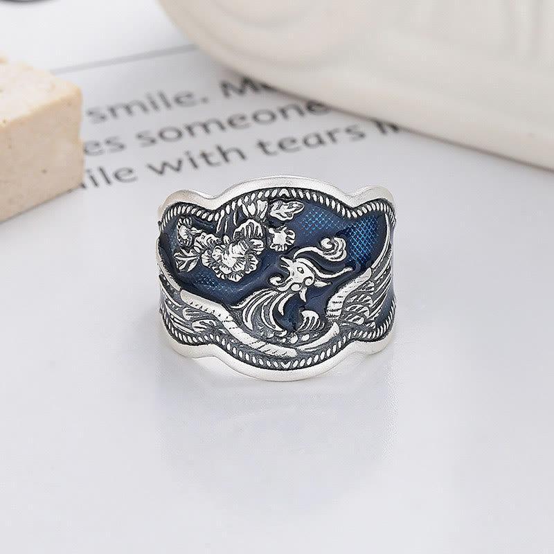 Buddhist Blessing 925 Sterling Silver Phoenix Peony Flowers Carved Luck Adjustable Ring