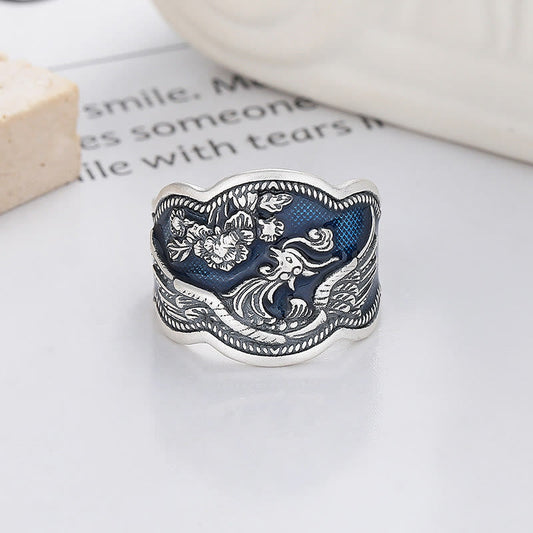 Buddhist Blessing 925 Sterling Silver Phoenix Peony Flowers Carved Luck Adjustable Ring