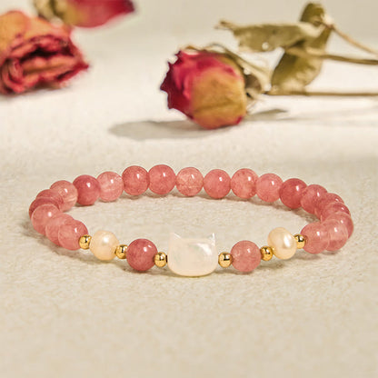 Buddhist Blessing Strawberry Quartz Pearl Cat Rabbit Healing Bracelet