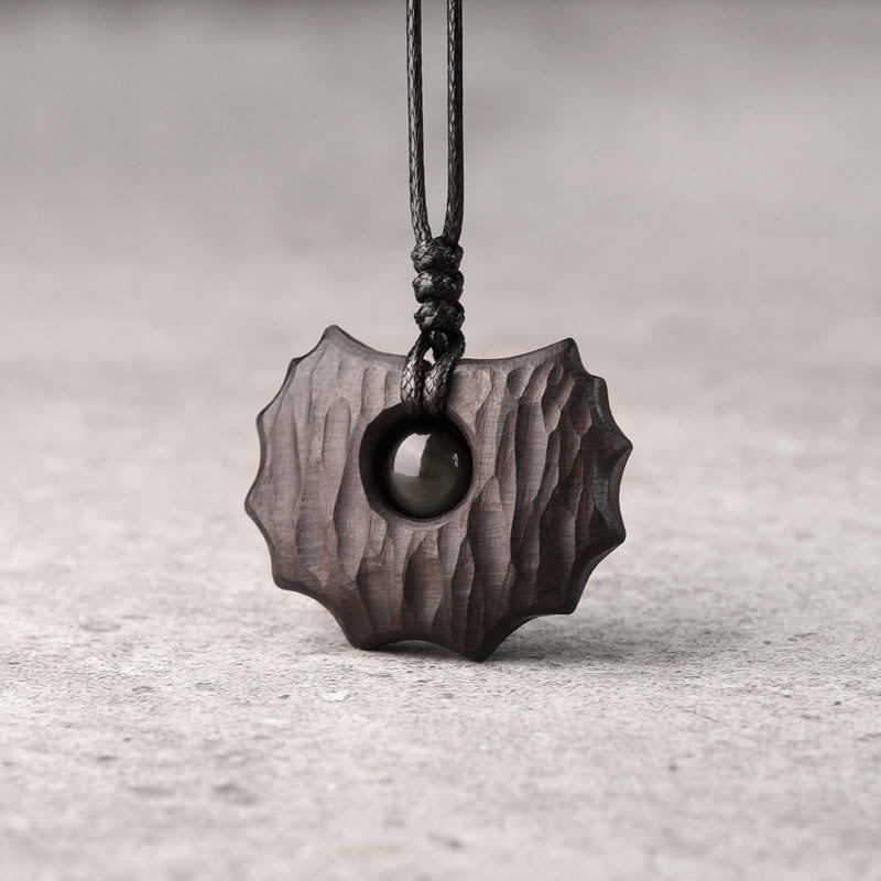 Buddhist Blessing Ebony Wood Obsidian Irregular Shape Peace Calm Necklace Pendant