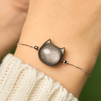 Buddhist Blessing 925 Sterling Silver Silver Sheen Obsidian Gold Sheen Obsidian Cat Soothing Bracelet