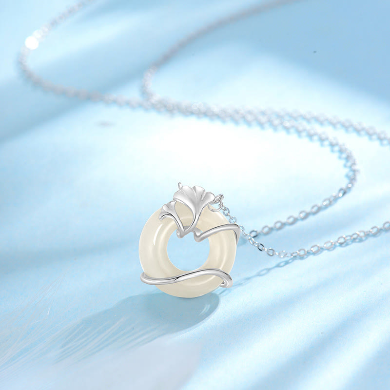 Buddhist Blessing Hetian Jade 925 Sterling Silver Peace Buckle Ginkgo Leaf Necklace Pendant