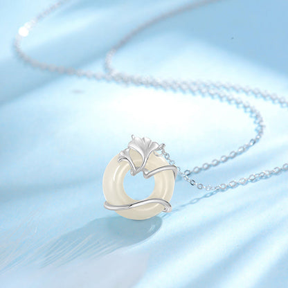 Buddhist Blessing Hetian Jade 925 Sterling Silver Peace Buckle Ginkgo Leaf Necklace Pendant