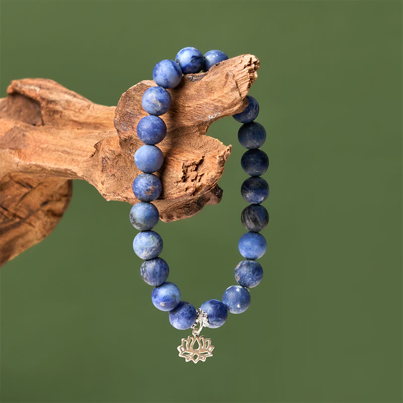 Buddhist Blessing 925 Sterling Silver Lotus Design Natural Sodalite Positive Beads Harmony Bracelet