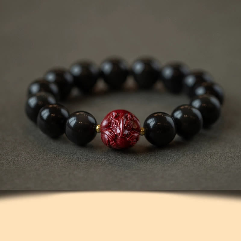 Buddhist Blessing Chinese Zodiac Natural Black Obsidian Cinnabar Purification Bracelet