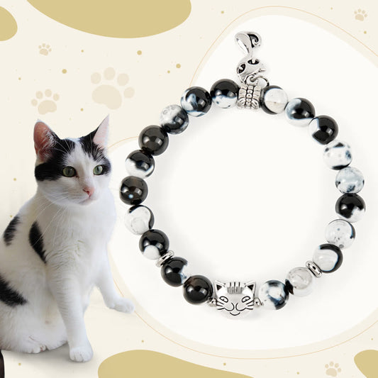 Buddhist Blessing Black and White Cat Fire Agate Bead Love Bracelet