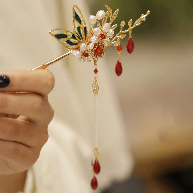 Buddhist Blessing Classical Chinese Style Flower Branche Butterfly Pearl Tassel Hair Clip Hair Comb Hair Crown