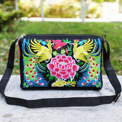 Buddhist Blessing Galsang Inula Flower Peony Peacock Double-Sided Embroidery Canvas Shopping Purse Handbag Crossbody Bag