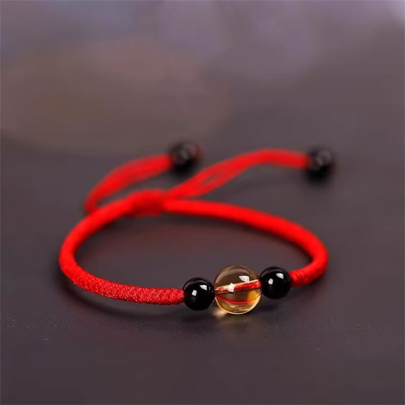 Buddhist Blessing Handcrafted Citrine Black Obsidian Bead King Kong Knot Peace Knot Luck Rope Bracelet
