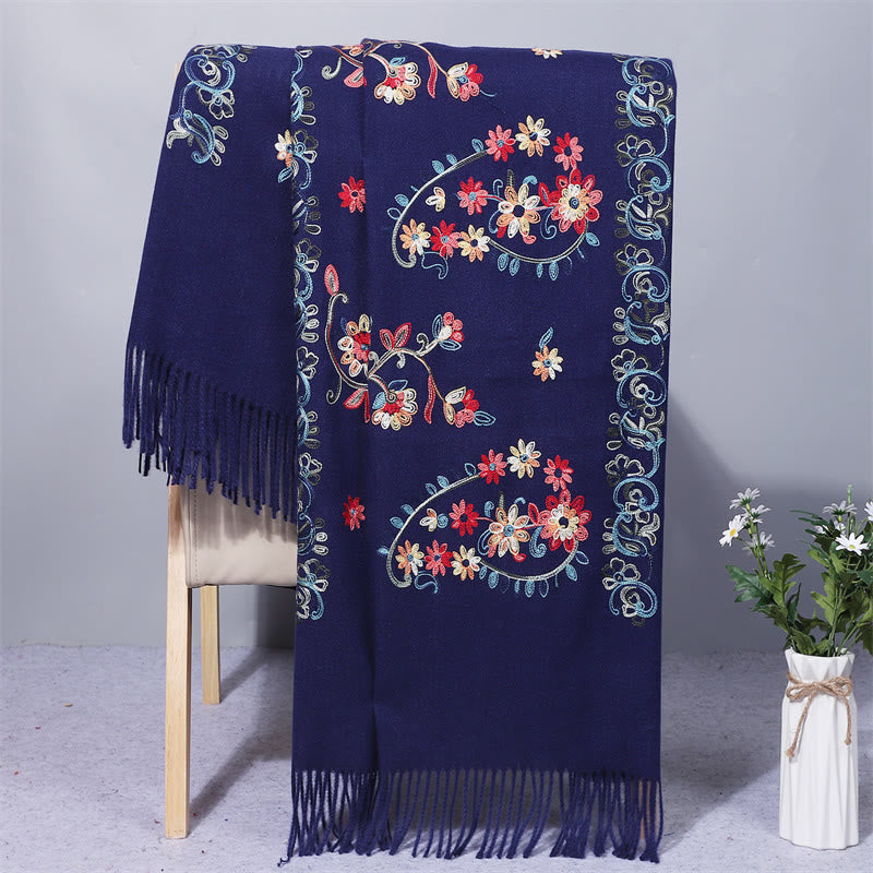 Buddhist Blessing Polyester Shawl Colorful Flower Ethnic Style Embroidery Tassel Winter Cozy Travel Scarf Wrap
