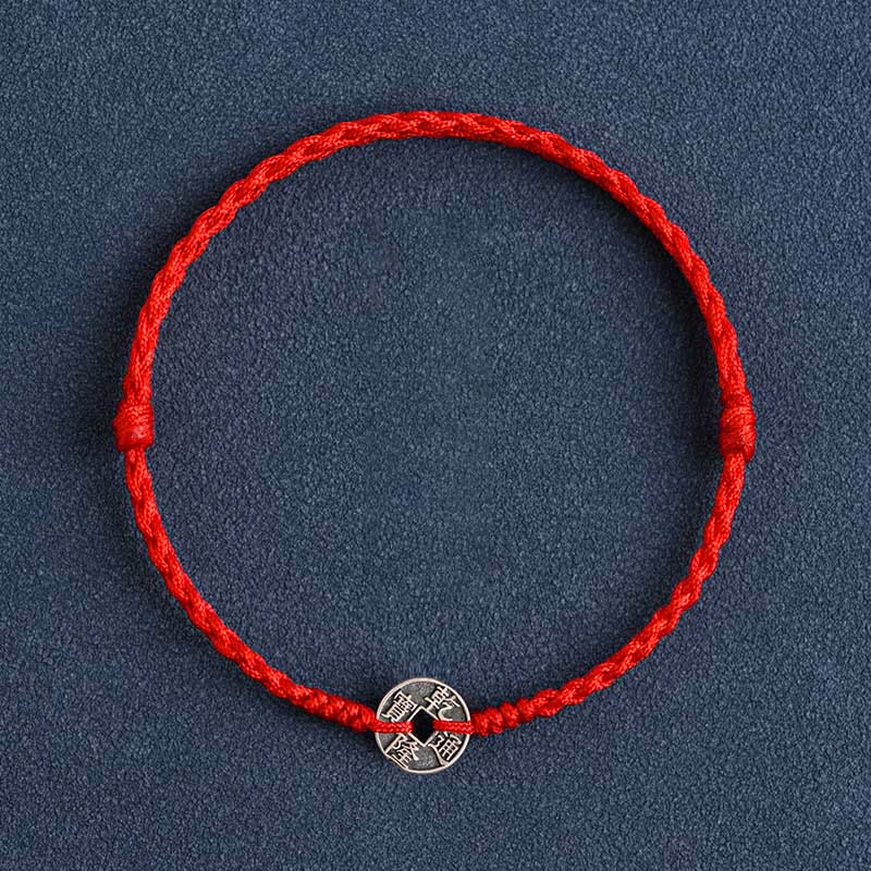Buddhist Blessing 925 Sterling Silver Five Emperor Coins Red String Protection Luck Braided Bracelet Anklet