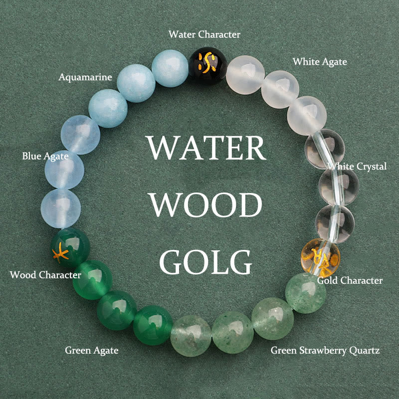 Buddhist Blessing Five Elements Various Agate Crystal Green Strawberry Quartz Sun Stone Wealth Bracelet