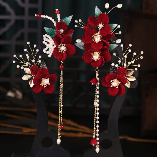 Buddhist Blessing Antiquity Red Flowers Pearl Tassel Hair Clip Set