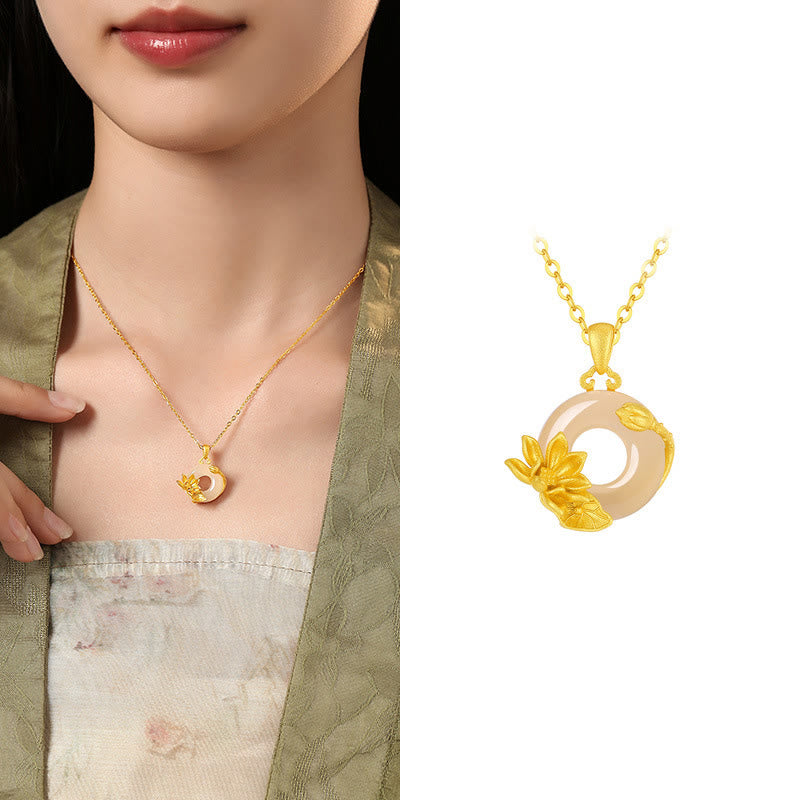 Buddhist Blessing Chalcedony 925 Sterling Silver Peace Buckle Flowers Necklace Pendant