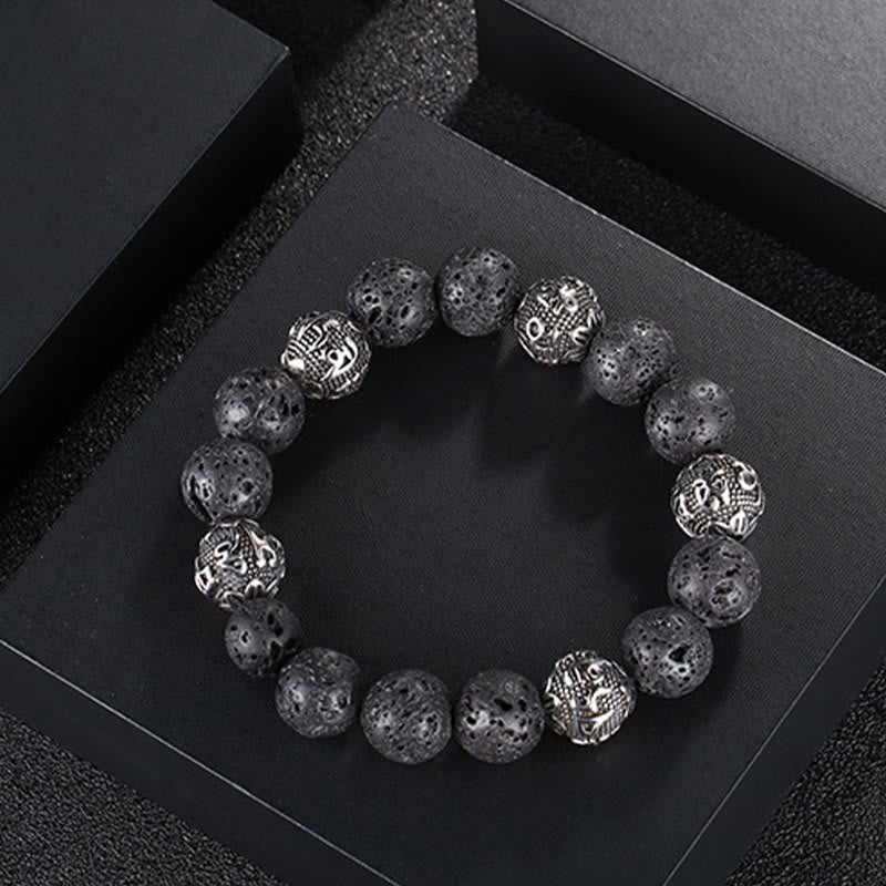 Buddhist Blessing Natural Lava Rock Tiger Eye Titanium Steel Six-True-Words Om Mani Padme Hum Healing Bracelet